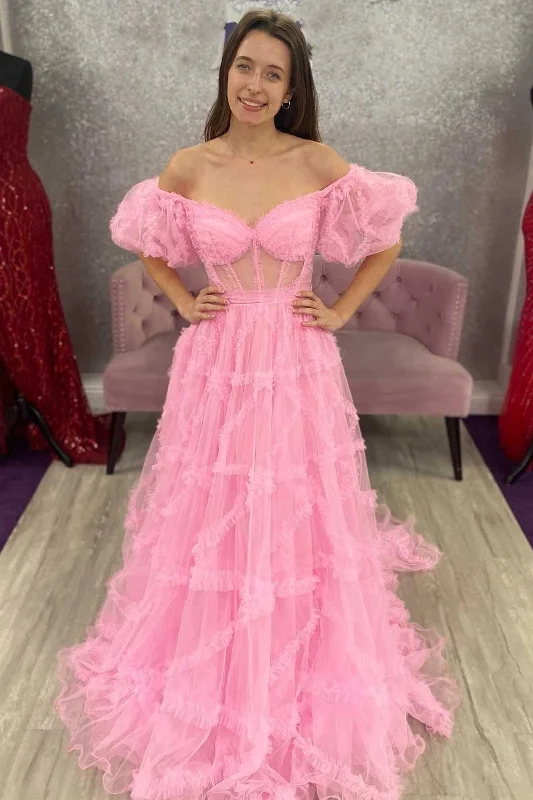 mini prom dressesPrincess Pink Off-the-Shoulder A-Line Prom Dress with Ruffles