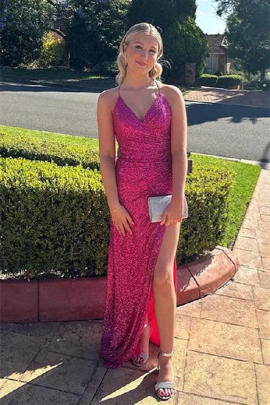 vintage prom dressesFuchsia Lace-Up Mermaid Sequins Long Prom Dress with Slit