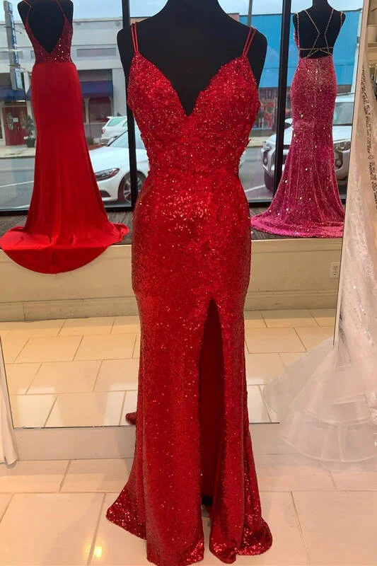 prom dresses for hourglass figuresSparkle Red Mermaid Sequined Prom Dress with Slit