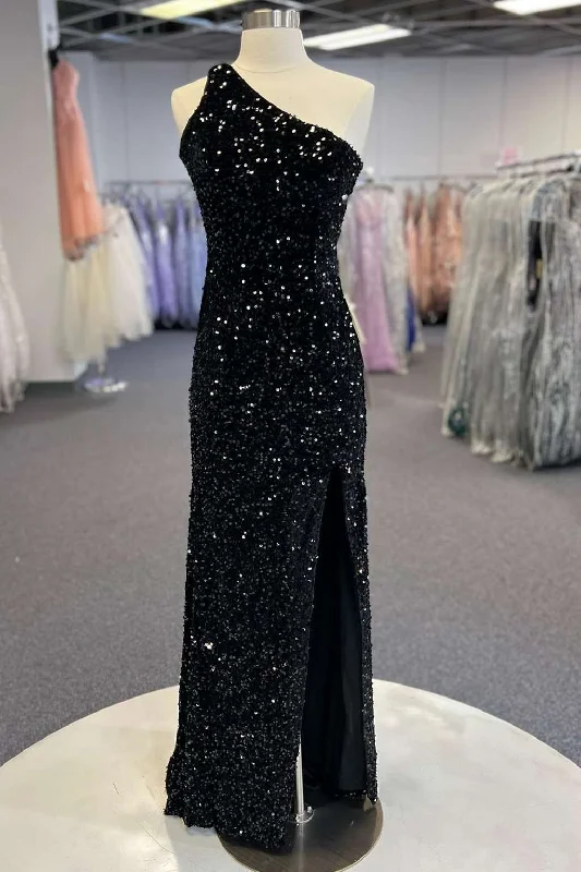 off-shoulder prom dressesBlack Sequin One-Shoulder Cutout Long Prom Dress