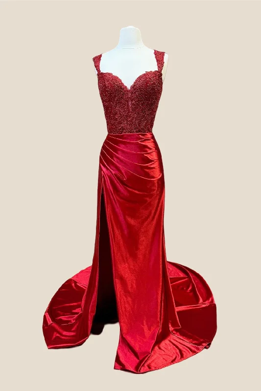 flowy prom dressesRed Appliques Ruched Long Prom Dress with Slit