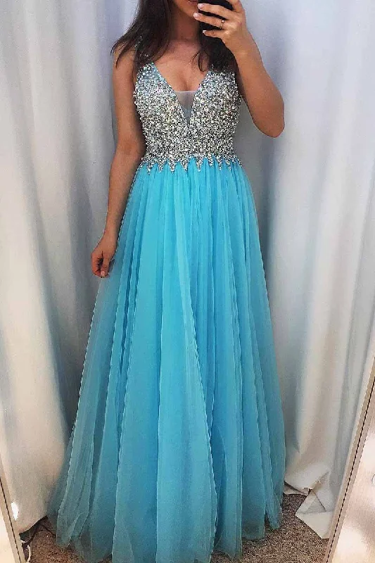 plus-size prom dressesSequined Tulle Blue Prom Dress with Illusion V Inset