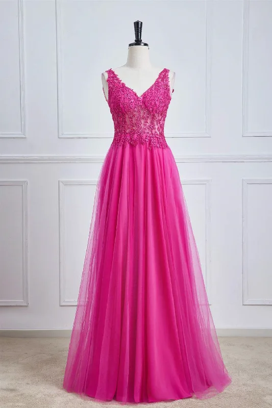 dark prom dressesFuchsia Plunging V Appliques A-line Long Prom Dress