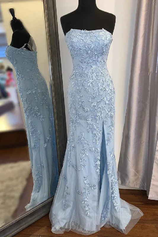 chiffon prom dressesStrapless Light Blue Lace Long Prom Dress with Slit