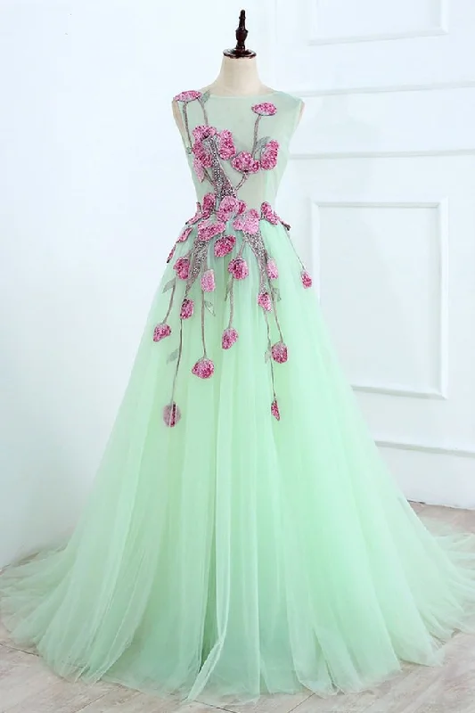 custom prom dressesA Line Mint Green Sleeveless Tulle Formal Dress with Appliques, Long Tulle Prom Dress M1622