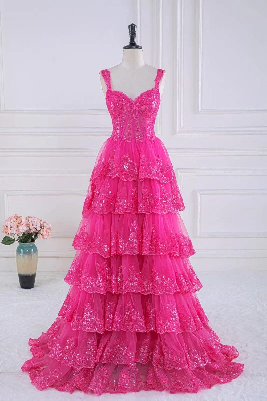 prom dresses with lace appliquésHot Pink Sequined Floral Layers Long Prom Dress