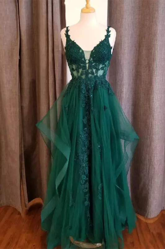 prom dresses for hourglass figuresHunter Green Flower Straps Deep V Neck Appliques Ruffles Long Prom Dress