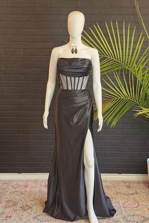 off-the-shoulder prom dressesBlack Strapless Mermaid Satin Long Prom Dress with Slit