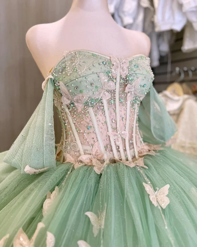 Formal Dress for Beach ThemesStunning Green Tulle Princess Dress With Butterflies,Ball Gown,Sweet 15 Dress  Y5462