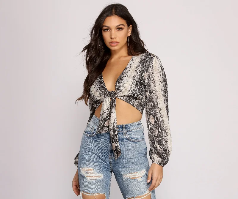 women's tops for those who want to add a bit of flair and personality to their looksChic Satin Snake Print Crop Top