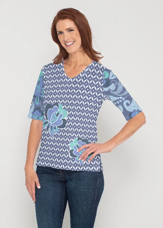 women's tops for those who refuse to compromise on styleVintage Blooms Blue (8060) ~ Signature Elbow Sleeve V-Neck Top