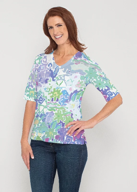 trendy women's topsFloral Graffiti (19210) ~ Signature Elbow Sleeve V-Neck Top