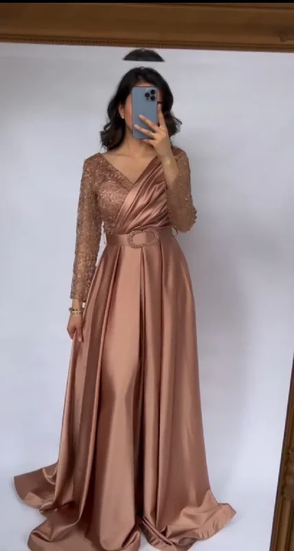 Formal Dress Shopping GuidesCharming A-line Satin Evening Dress With Long Sleeves,Fashion Evening Gown   Y4992