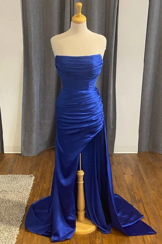 Formal Dress for Polo MatchesBlue Satin Strapless Mermaid Long Formal Dress with Slit Y5741