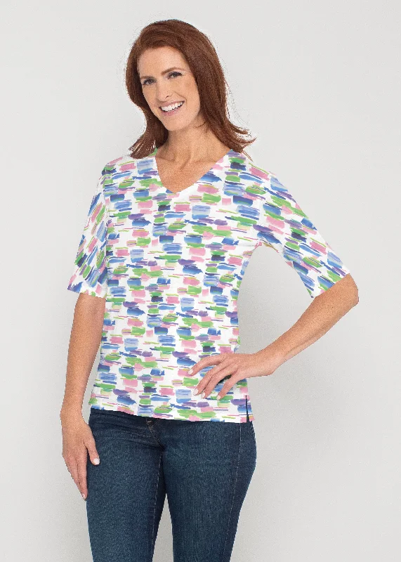 trendy women's topsPops of Bliss (8047) ~ Signature Elbow Sleeve V-Neck Top