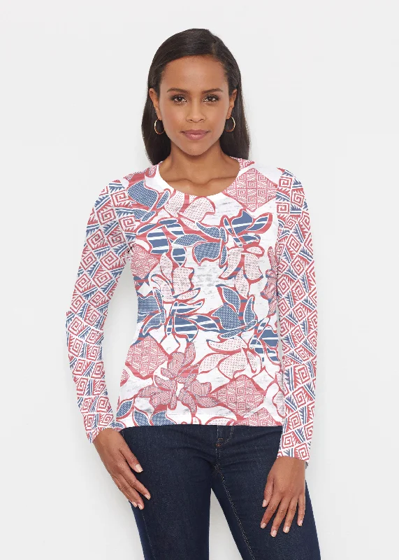 women's tops with unique designsAztek Sail Red-Blue (8130) ~ Signature Long Sleeve Crew Shirt