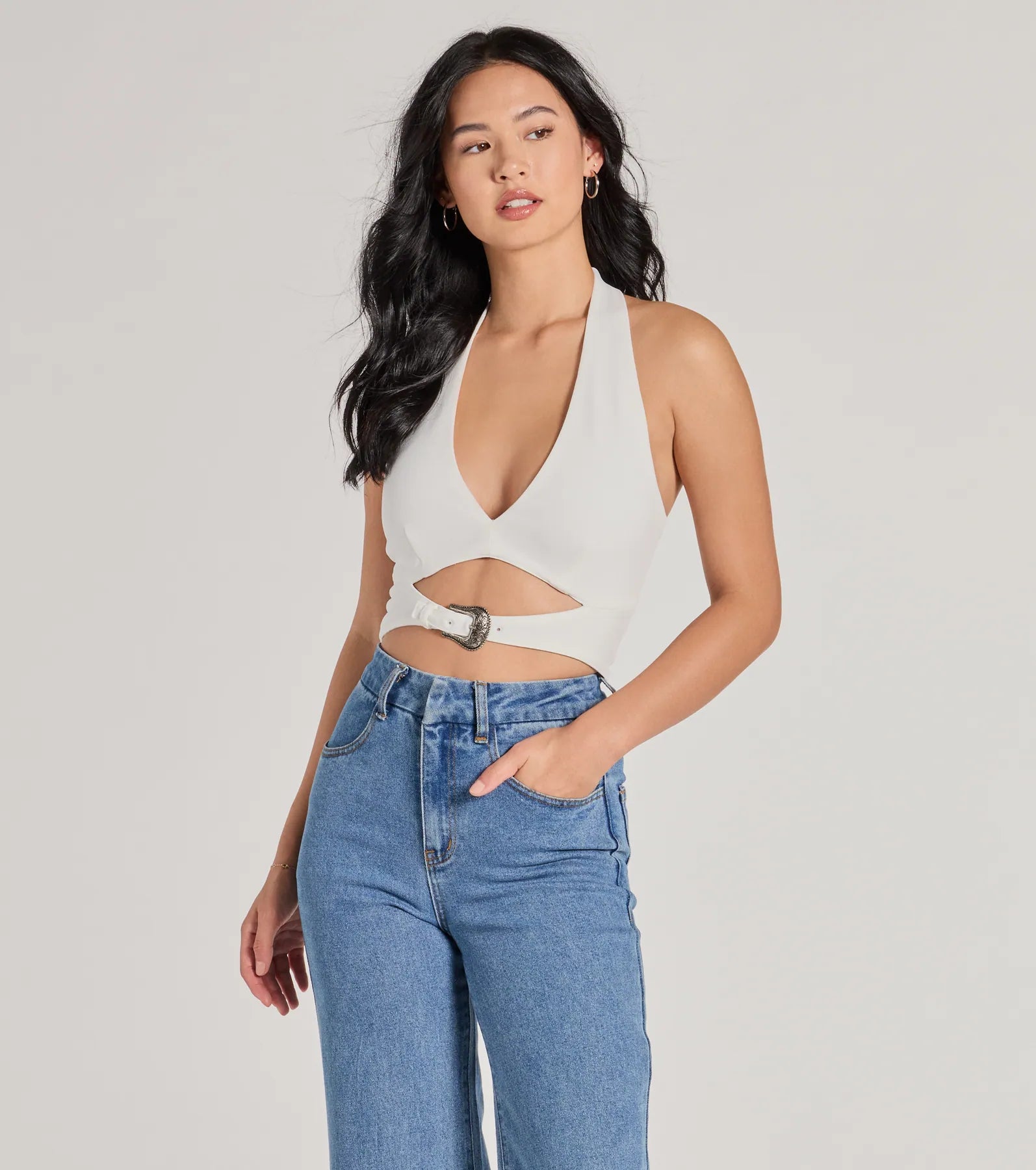 women's tops for boho-chic stylesEdgy Vibe Buckle Detail Halter Crop Top