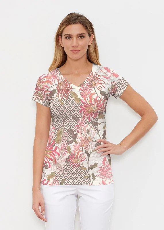 women's tops with geometric patternsLucia Chocolate (8129) ~ Signature Cap Sleeve V-Neck Shirt