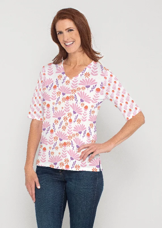 women's tops with ruffled hemsFanfare (8042) ~ Signature Elbow Sleeve V-Neck Top