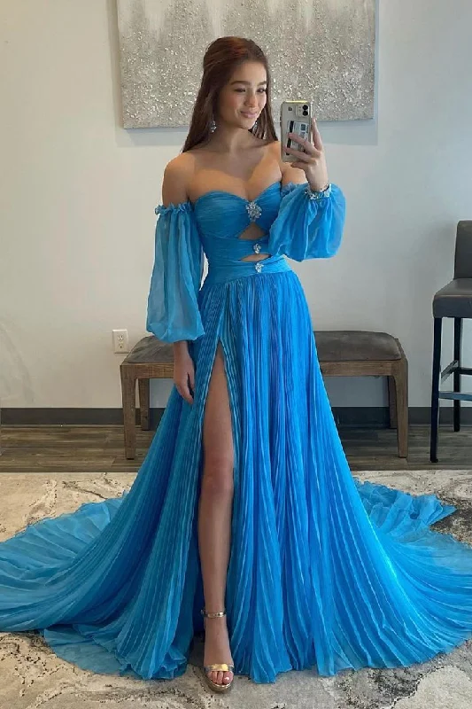 Formal Dress for QuinceañerasBlue Chiffon A-Line Off the Shoulder Formal Dress, Blue Puff Sleeve Evening Dress with Split Y4890