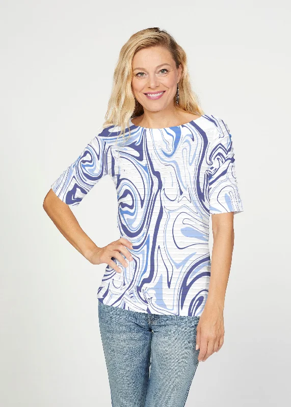 women's tops with sequin embellishmentsSwirly Blue (8076) ~ Banded Elbow Sleeve Boat Neck Top