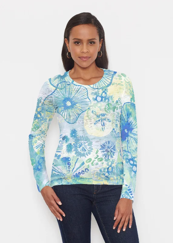 luxury women's topsSand Dollar Aqua (16256) ~ Signature Long Sleeve Crew Shirt