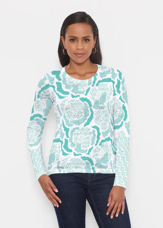 women's tops for everyday elegancePeonies Aqua (8082) ~ Signature Long Sleeve Crew Shirt