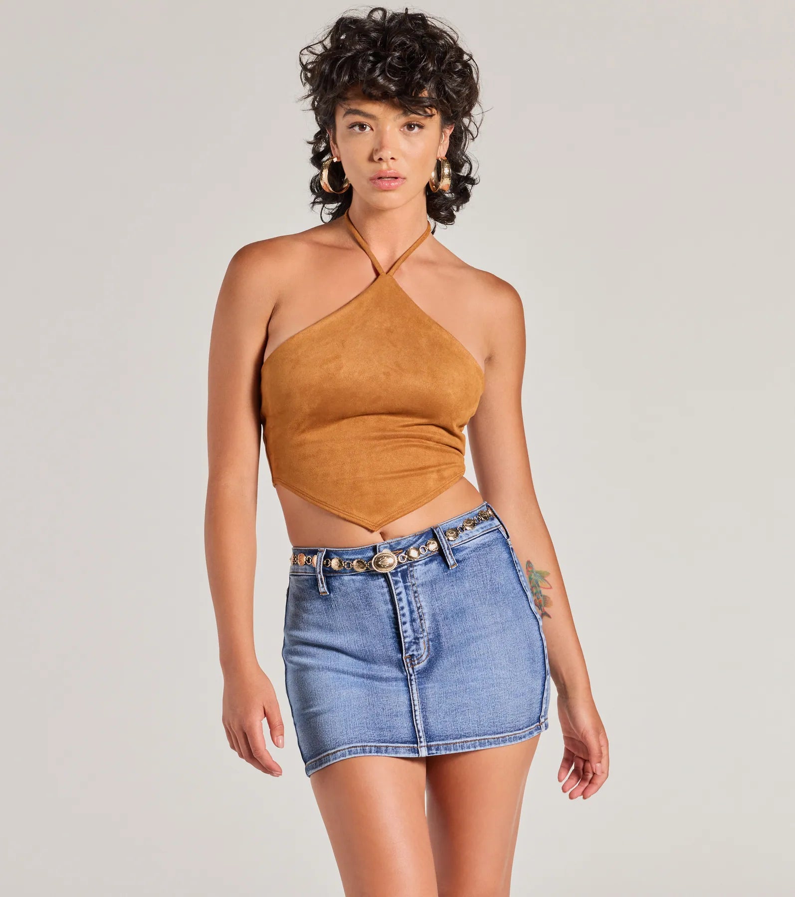 women's tops with lace-up frontsWestern Trend Hanky Hem Halter Crop Top