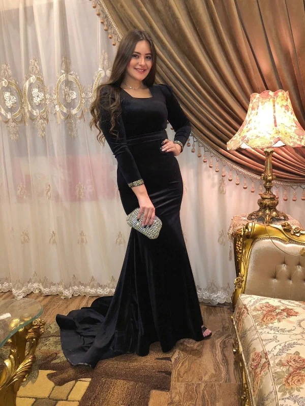 Formal Dress for Outdoor WeddingsElegant Black Long Sleeves Mermaid Evening Dress,Black Evening Gown Y5661