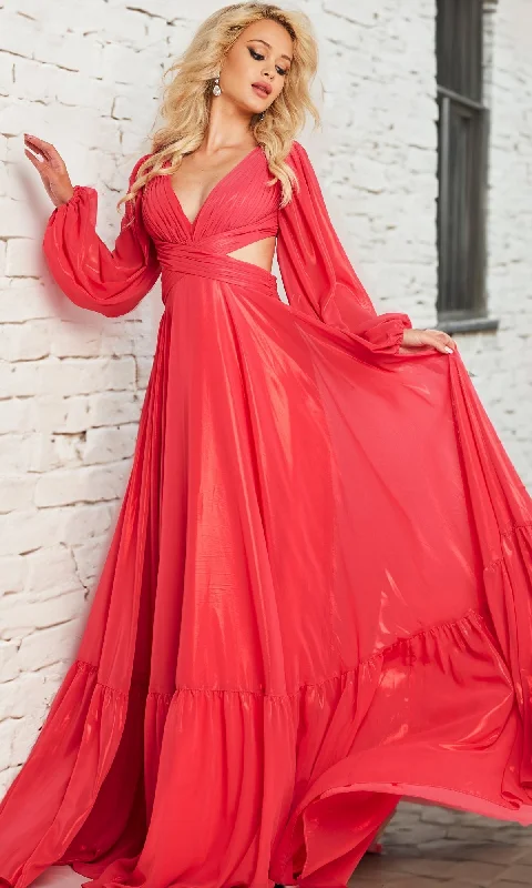 Formal Dress for Church WeddingsMetallic Chiffon Long Coral Formal Dress with Sleeves