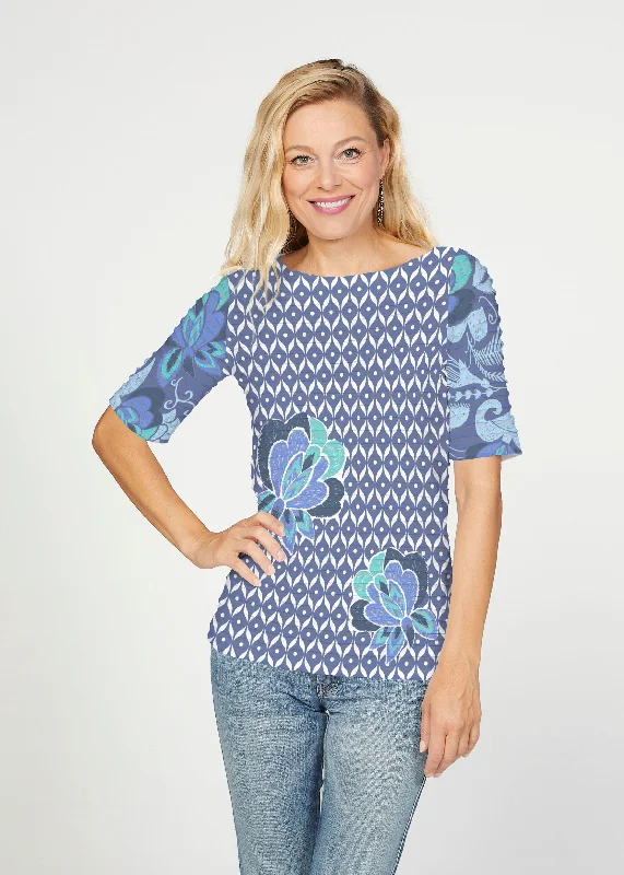 women's tops for those who want to elevate their everyday wear with chic and elegant piecesVintage Blooms Blue (8060) ~ Banded Elbow Sleeve Boat Neck Top