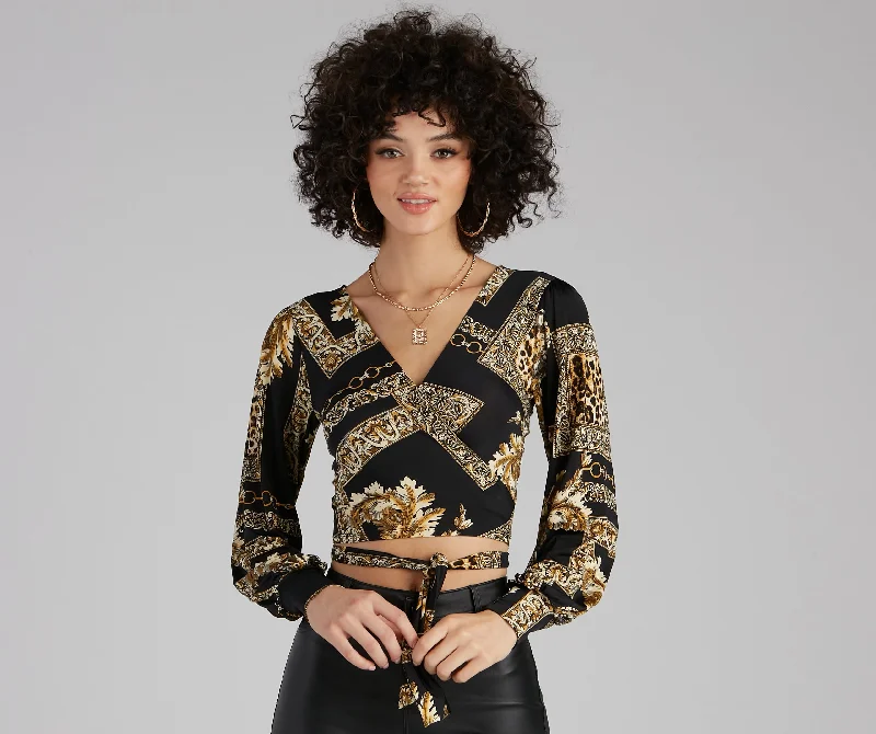 women's tops for those who want to add a bit of flair and personality to their looksRoyal Wraps Scroll Cheetah Print Top