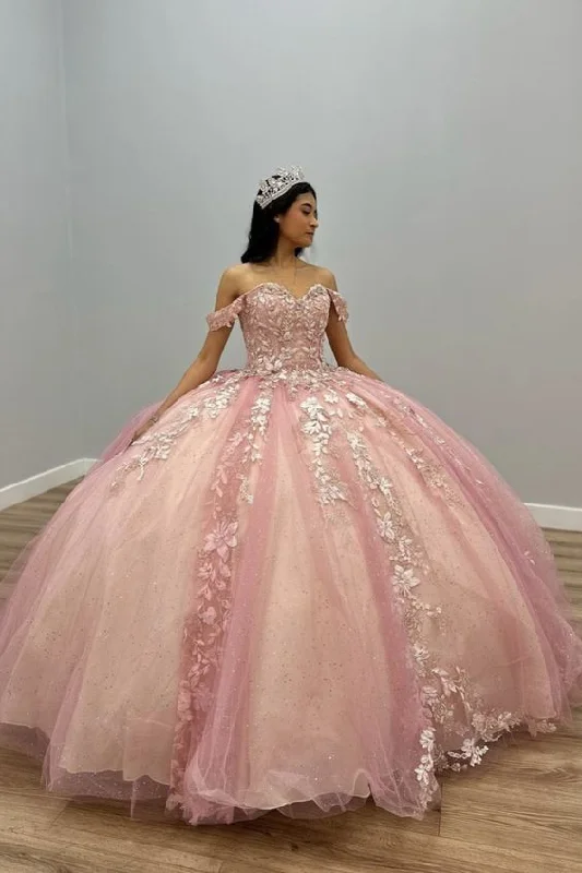 Formal Dress for Theater OpeningsOff The Shoulder Pink Tulle Appliques Ball Gown Quinceanera Dress Y5882