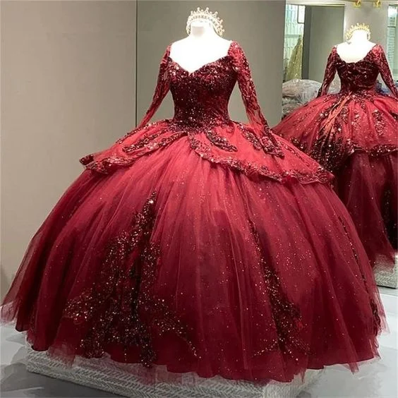 Formal Dress for Cultural FestivalsBurgundy Sparkly Quinceanera Dresses Long Sleeve Lace-up Corset Flowers Sequins Princess Sweet 15 Ball Gown Y5388