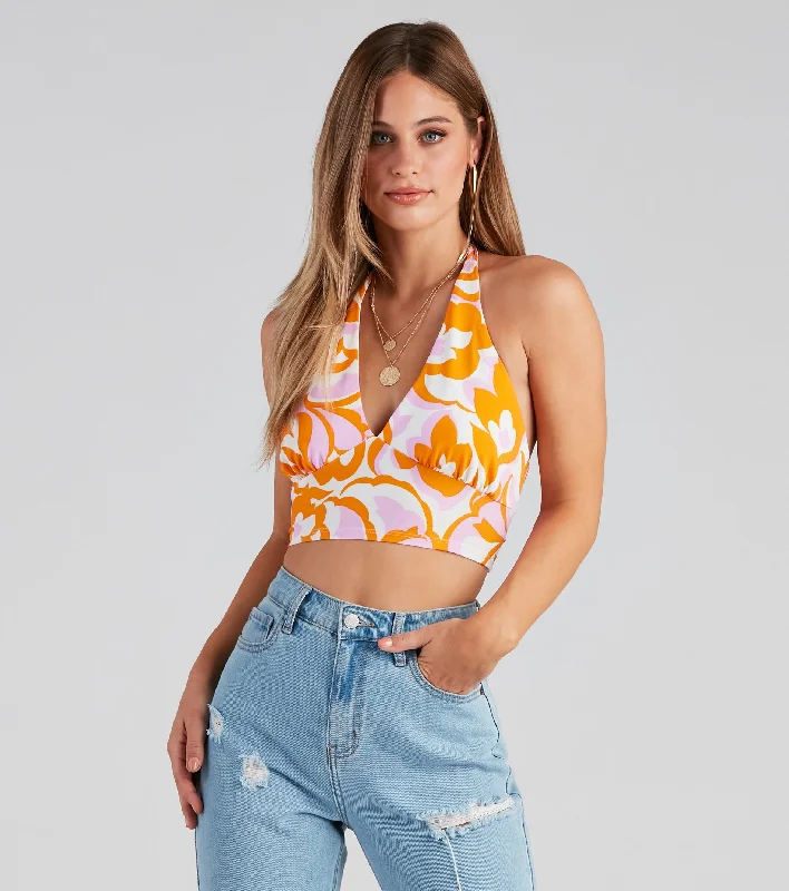 women's tops for picnics in the parkRetro Fab Floral Halter Crop Top