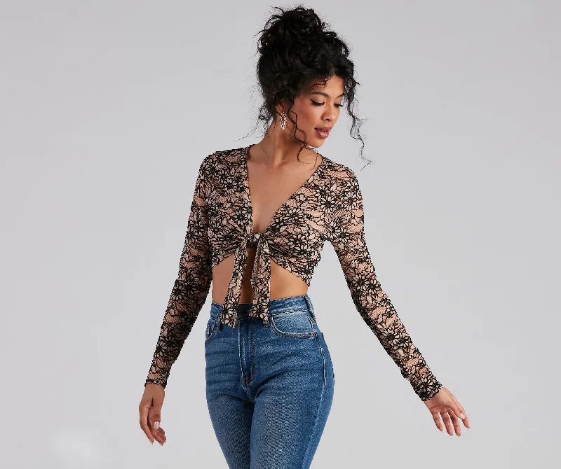 women's tops with cinched waistsFlirty Floral Lace Tie Front Crop Top