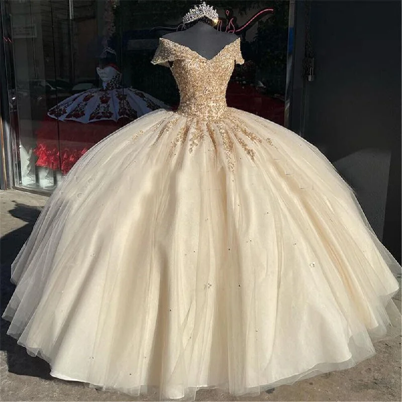 Formal Dress for Summer WeddingsOff the Shoulder Quinceanera Dresses Champagne Lace Appliqued Beaded Ball Gown Y4148