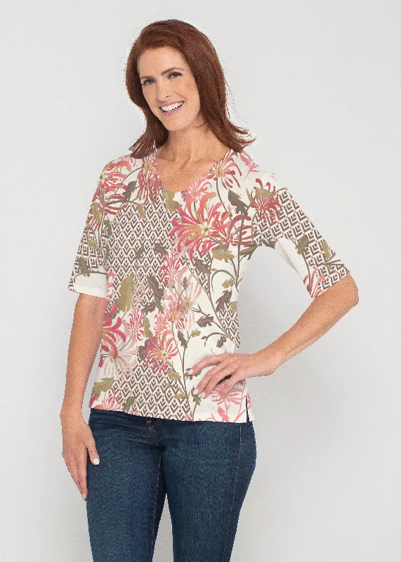 women's tops with floral printsLucia Chocolate (8129) ~ Signature Elbow Sleeve V-Neck Top