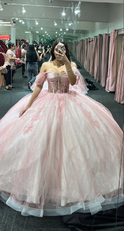 Formal Dress for Vintage ThemesPink Off The Shoulder Tulle Ball Gown,Pink Sweet 16 Dress Y5468