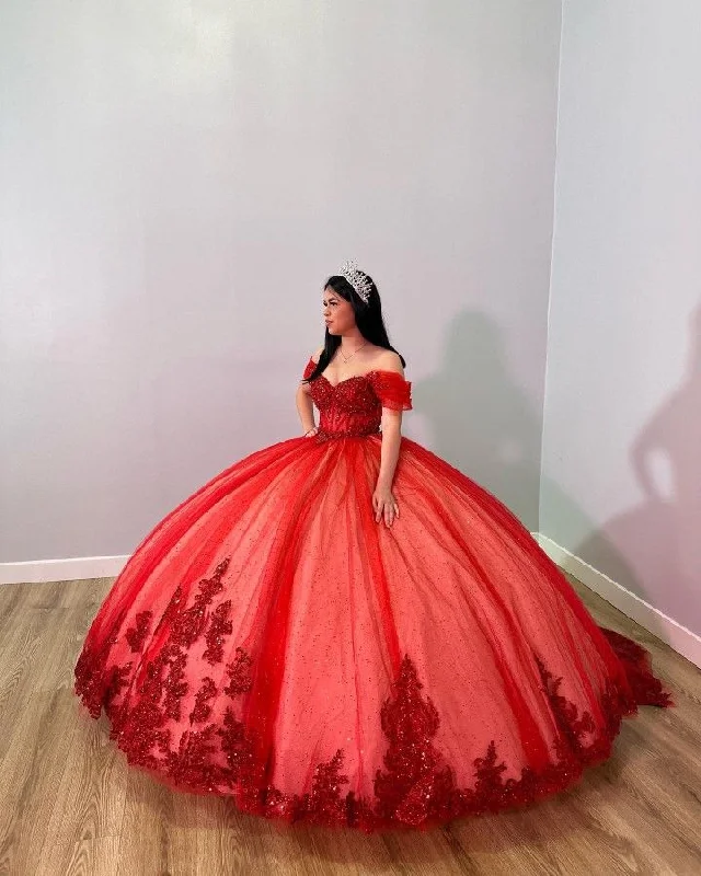 Formal Dress for Talent ShowsGlamorous Red Off The Shoulder Ball Gown,Red Sweet 16 Dress,Princess Dress  Y5330