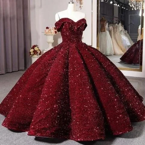 Formal Dress for Formal DancesOff The Shoulder Sequins Burgundy Ball Gown Quinceanera Dress Sweet 16 Dress Y4160