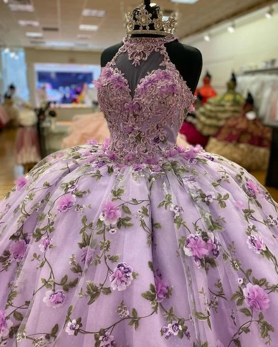 Formal Dress for Bohemian ThemesLuxurious Purple A-line Ball Gown With Flowers,Purple Sweet 16 Dress  Y6598