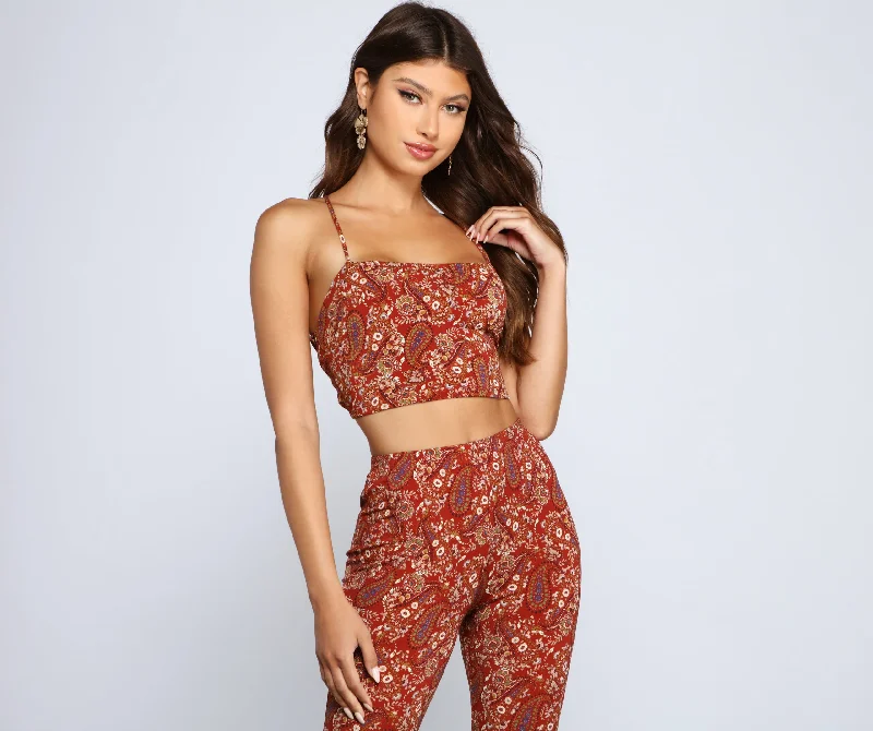 women's tops for those who love to experiment with fashionPaisley Chic Lace Up Crop Top