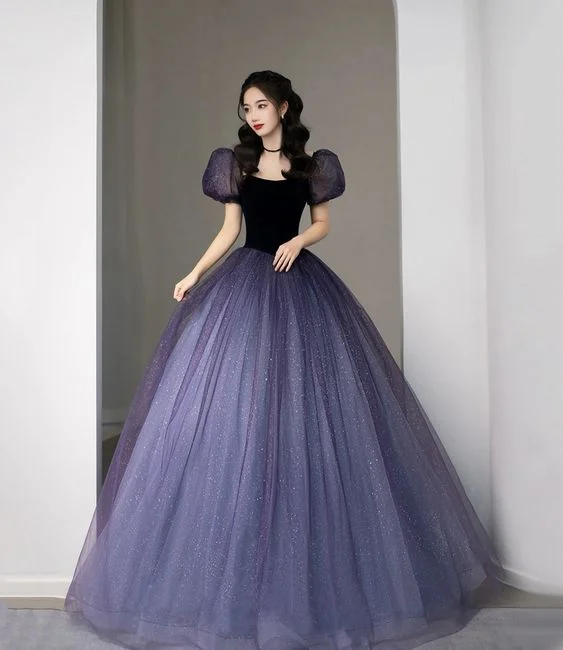 Formal Dress for Day WeddingsPurple Tulle Sequin Long Princess Dress Evening Gown Y5619