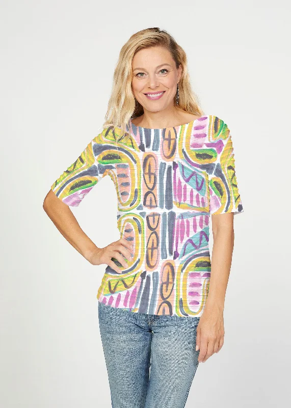 women's tops for those who want to add a pop of color to their outfitsMusical Dance (17263) ~ Banded Elbow Sleeve Boat Neck Top