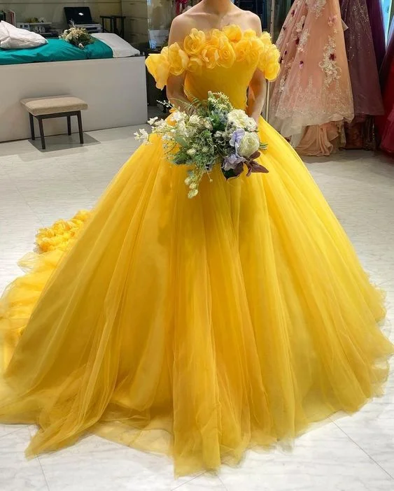 Formal Dress for Tennis TournamentsOff The Shoulder Yellow Tulle Ball Gown,Yellow Princess Dress Y4627