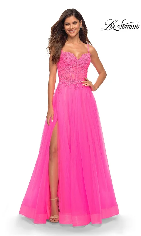 Formal Dress for Beach WeddingsLa Femme Neon Pink Long Ball Gown with Lace