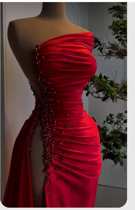 Plus Size Formal Dresses OnlineRed Asymmetrical Neckline Satin Pleated High Slit Evening Dress Charming Formal Gown Y379