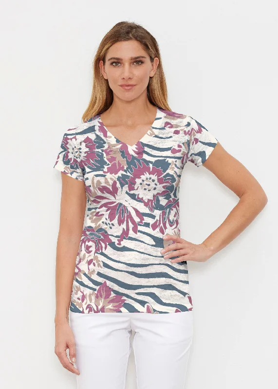 cozy women's tops for fall and winterZebra Posy Navy (8123) ~ Signature Cap Sleeve V-Neck Shirt