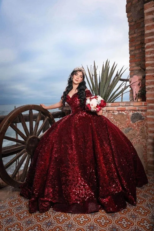 Formal Dress Rental ServicesSparkly Burgundy Off The Shoulder Ball Gown Sweet 16 Dress Y4264